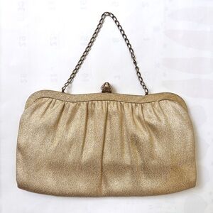 midcentury party gold metallic clutch with metal chain handle